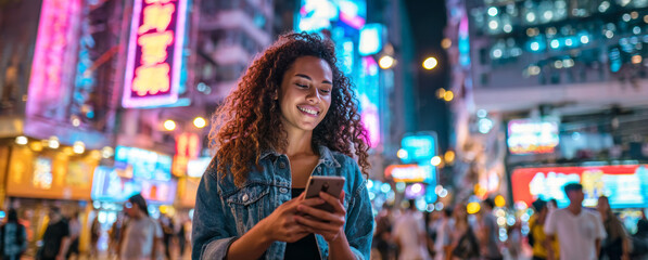 Fototapeta premium Young woman with curly hair smiling while using smartphone on vibrant urban street at night