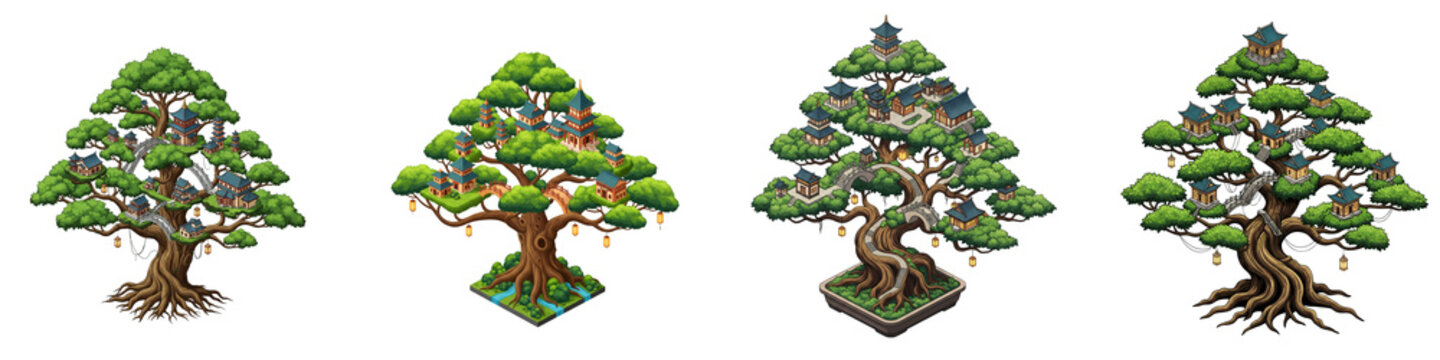 Isometric fantasy trees with traditional Asian buildings and shrines