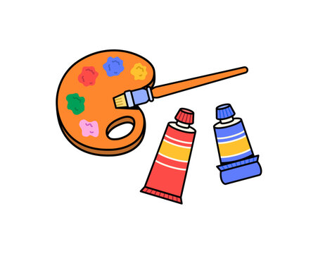 Artist paint palette with colorful paint dabs, a paintbrush, and paint tubes. Creative art supplies concept suitable for painting, creativity, design, education, hobby vector illustration cartoon