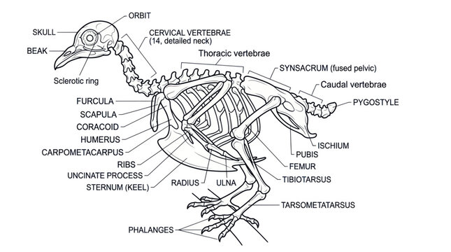 Detailed Bird Skeleton Anatomy Illustration with Labels