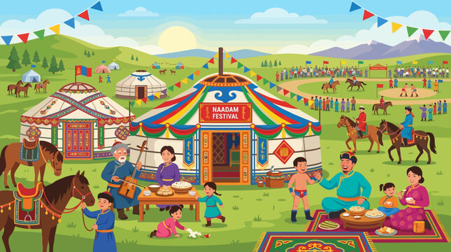 People gather around a colorful yurt in a green field with horses and mountains in the background under a sunny sky.