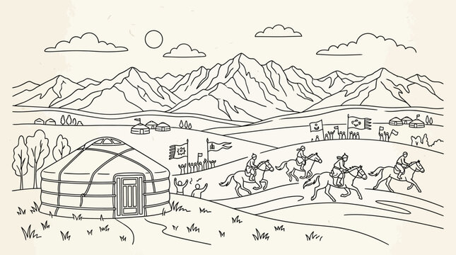 People ride horses near a yurt in a mountainous landscape with trees and clouds