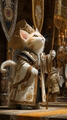 Fototapeta premium A regal kitten wearing an ornate royal robe and crown stands holding a scepter in a grand hall