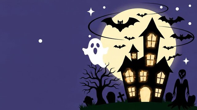 Spooky Halloween Footage Featuring A Haunted House With A Ghost Flying And Bats Against A Full Moon Background