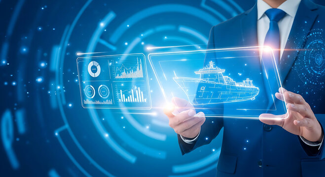 Businessman using digital tablet with ship and data analytics interface in futuristic blue background