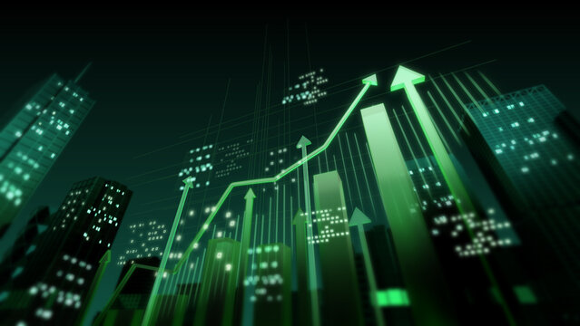 Financial data processing and arrows over cityscape, Global business concept, 3D rendering