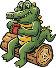 Obraz premium Cartoon vector illustration of a cheerful crocodile sitting on a wooden log and holding a red whistle, isolated on a white background for sports mascot themes