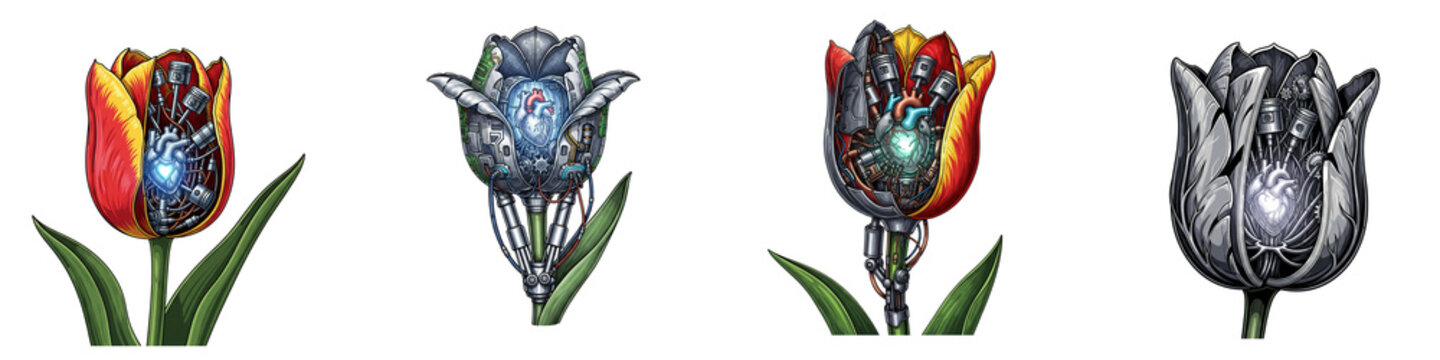 Mechanical robotic tulip flowers with engine parts and hearts on black