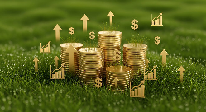 Golden coins growing on green grass with upward arrows and dollar signs