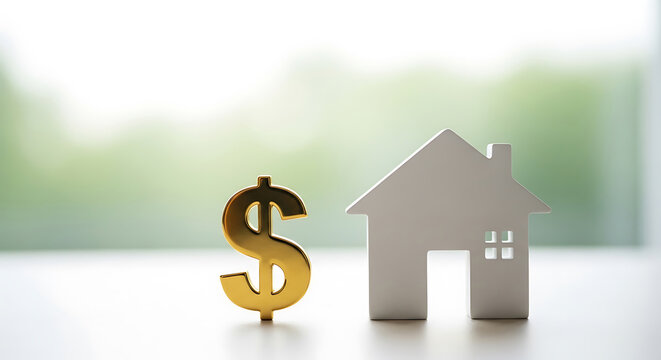 Golden dollar sign next to a silver house model on a white background