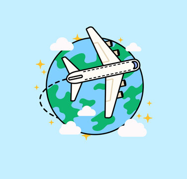 Airplane flying around the world with clouds and sparkling stars. travel and tourism concept vector illustration cartoon suitable for vacation, flight, and global transportation themes.