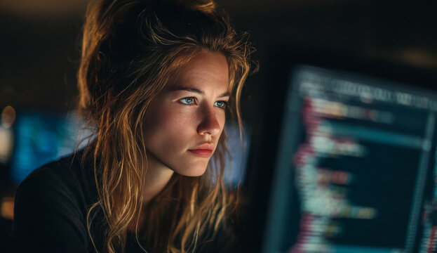 Young woman with long wavy auburn hair and fair skin focused on a computer screen displaying code