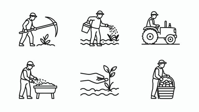 Farming Icons: Cultivation, Planting, Harvesting, Tractor, Gardening