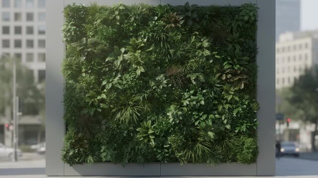 Medium shot featuring the lush green wall facade of the pension fund headquarters the textured leaves in crisp detail while the rest of the urban setting remains softly blurred.