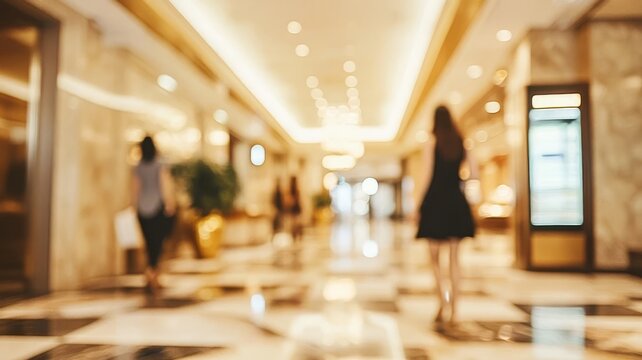 Blurred view of people walking inside luxury modern shopping mall hallway building corridor interior.