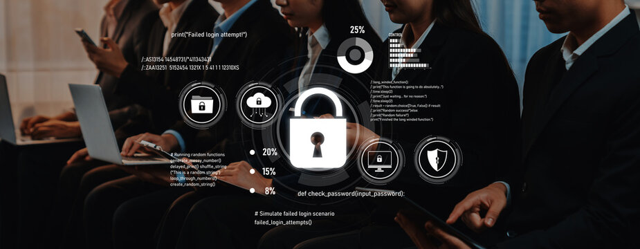 A professional group analyzing data security measures, featuring icons and statistics on password protection and cybersecurity trends in the digital landscape. Trope