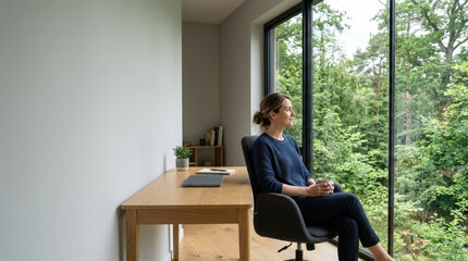 Obraz premium Woman home office window chair desk laptop coffee forest green natural light remote work work from home productivity career quality of life