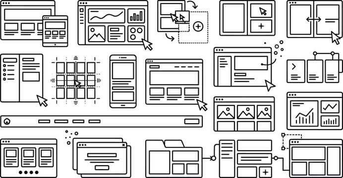 Website Wireframe and UI UX Design Icon Set with Responsive Layouts, Dashboards, and Browser Windows for Web Developers and App Designers