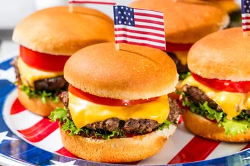 Patriotic American Cheeseburger Sliders with Lettuce Tomato © Brent Hofacker