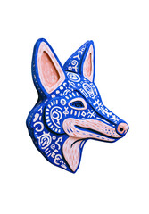 Fototapeta premium Blue patterned wooden fox figurine on transparent background