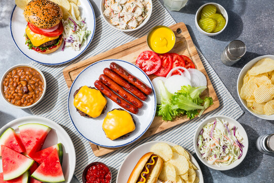 Homemade American Barbecue Food with Hamburgers Hot Dogs