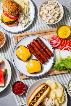 Homemade American Barbecue Food with Hamburgers Hot Dogs