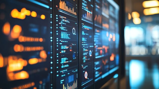 Abstract digital data dashboard display featuring complex analytics financial metrics and software code infrastructure visualization screens.