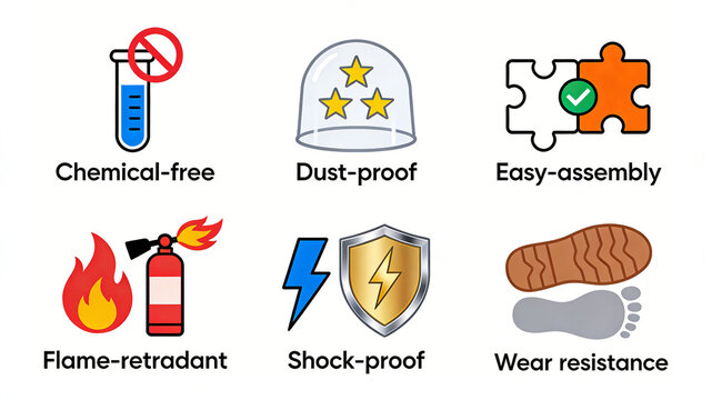 Six colored safety attribute icons represent the concepts of no chemical additives, dust and flame retardancy, shock resistance and wear resistance, suitable for home decoration hardware labeling.
