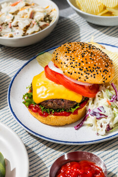 Homemade Cheeseburger with Barbecue Food and Sides