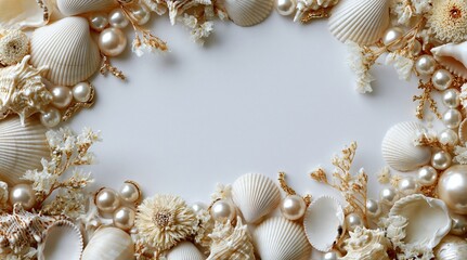 Obraz premium Seashell and pearl wreath on light background, beach holiday frame