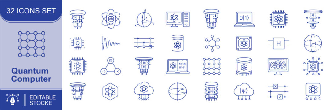 Set of 32 Quantum Computer icons Each icon will be different, create a vector outline icons using white background and black color