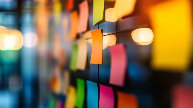 Colorful sticky notes on glass board for creative brainstorming and project management strategy planning concept.