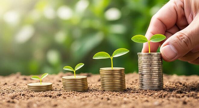 Hand placing coin on stack with growing plants in soil background coins