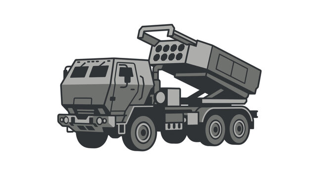 Heavy mobile multiple launch rocket system artillery truck.