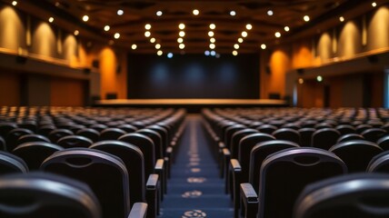 Naklejka premium Empty theater auditorium interior with rows of seats facing the stage for performances.