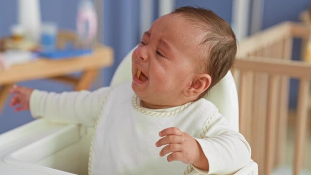 Hispanic baby boy crying in highchair with food on mouth and arm outstretched in a building nursery; feeding distress hunger.