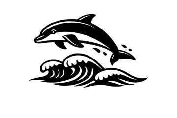 Obraz premium Dolphin Leaping Out of Water in Black and White Illustration Featuring Wave, Marine Life, Ocean with Animal and Nature Elements for Wildlife, Vector