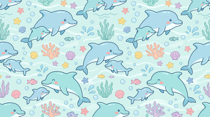 Naklejka premium Seamless pattern with cute cartoon dolphins and sea elements on a light blue background.