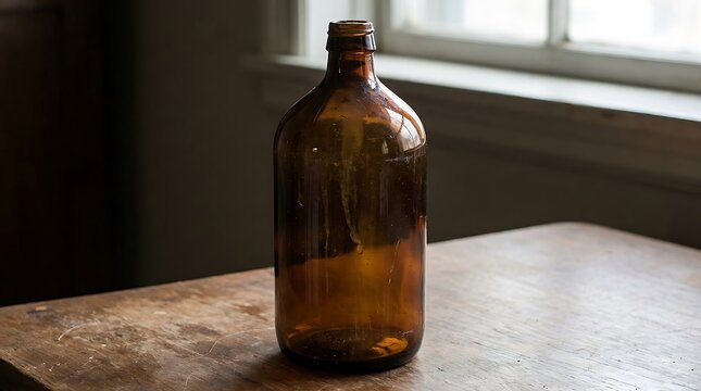 Empty brown glass bottle on a rustic wooden table illustration