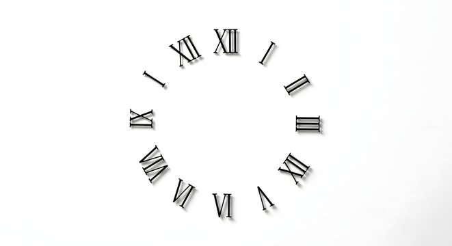 Roman numeral clock face arrangement during a white studio lighting with conceptual time passing
