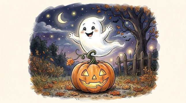 Cute cartoon ghost floating over a jack-o-lantern pumpkin illustration