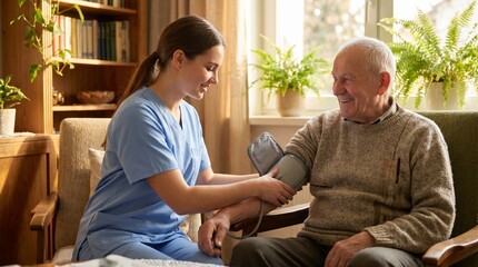 Fototapeta premium Friendly young female nurse checking blood pressure of a happy elderly man at home care service