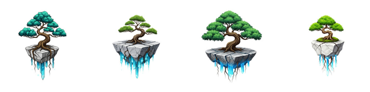 Set of floating bonsai trees on cracked stone islands with crystals