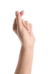 Obraz premium Korean finger heart gesture with female hand, love and affection symbol, isolated on white background