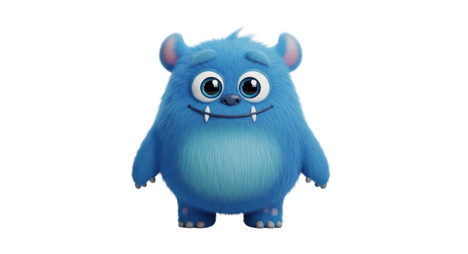 Blue monster toy with fangs smiling.