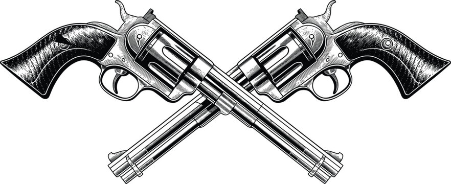 Two Engraved Revolver Pistols Crossed in Black and White Illustration guns revolvers