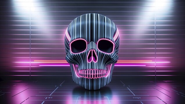 A striking skull design with barcode pattern and vibrant neon lines highlighted in pink and blue is positioned in a dim environment. Concept of Halloween seasonal sales. AI generated