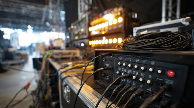 Close-up view of audio equipment and cables set up for a live performance in an industrial venue