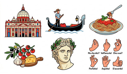 Colorful Italy Vector Elements Collection with Vatican Basilica Gondola Italian Cuisine Apollo Statue and Gestures © MST ROGINA