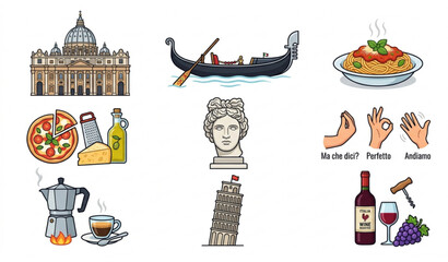 Italian Culture Vector Clipart Set with St Peter Basilica Gondola Pasta Food Apollo Head and Hand Gestures © MST ROGINA